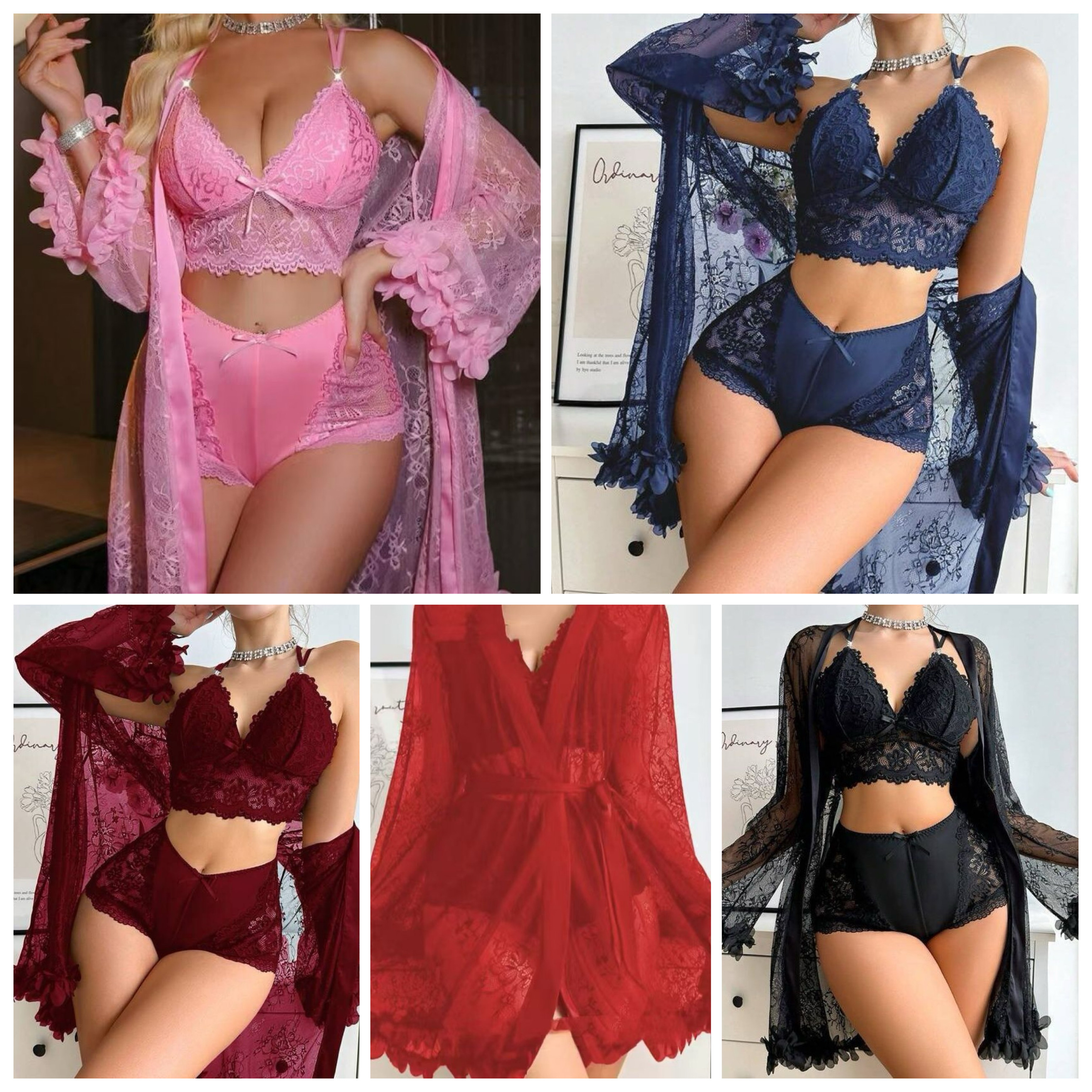 Home wear 3 Piece Set lace dress ,trim & robe - Image 3