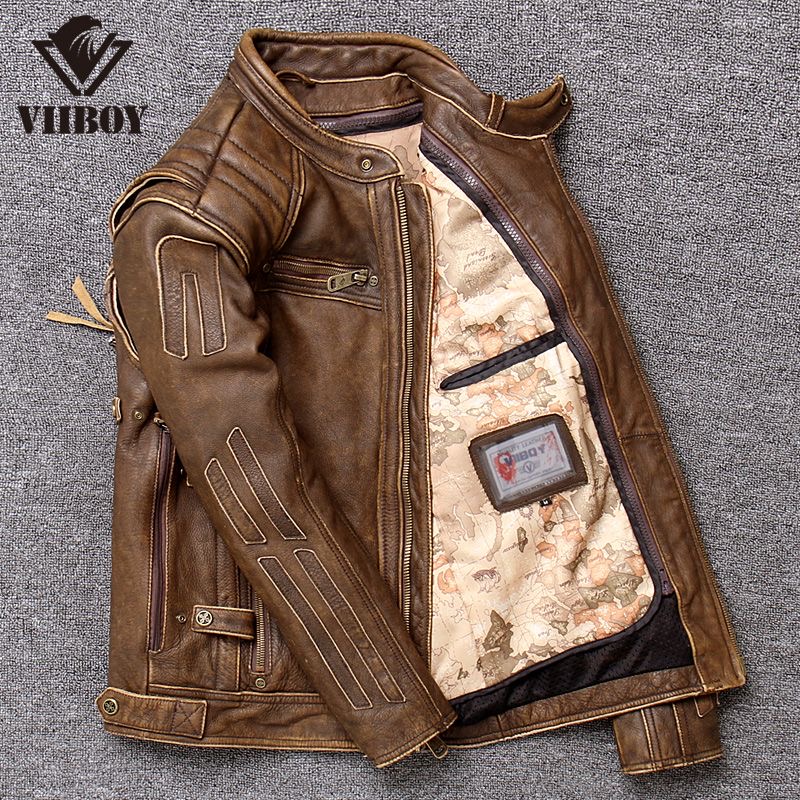 Genuine leather Motorcycle collar Jacket - Image 3