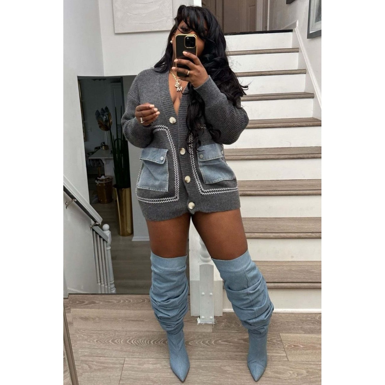 Loose Sweater patchwork with Denim pockets - Image 2