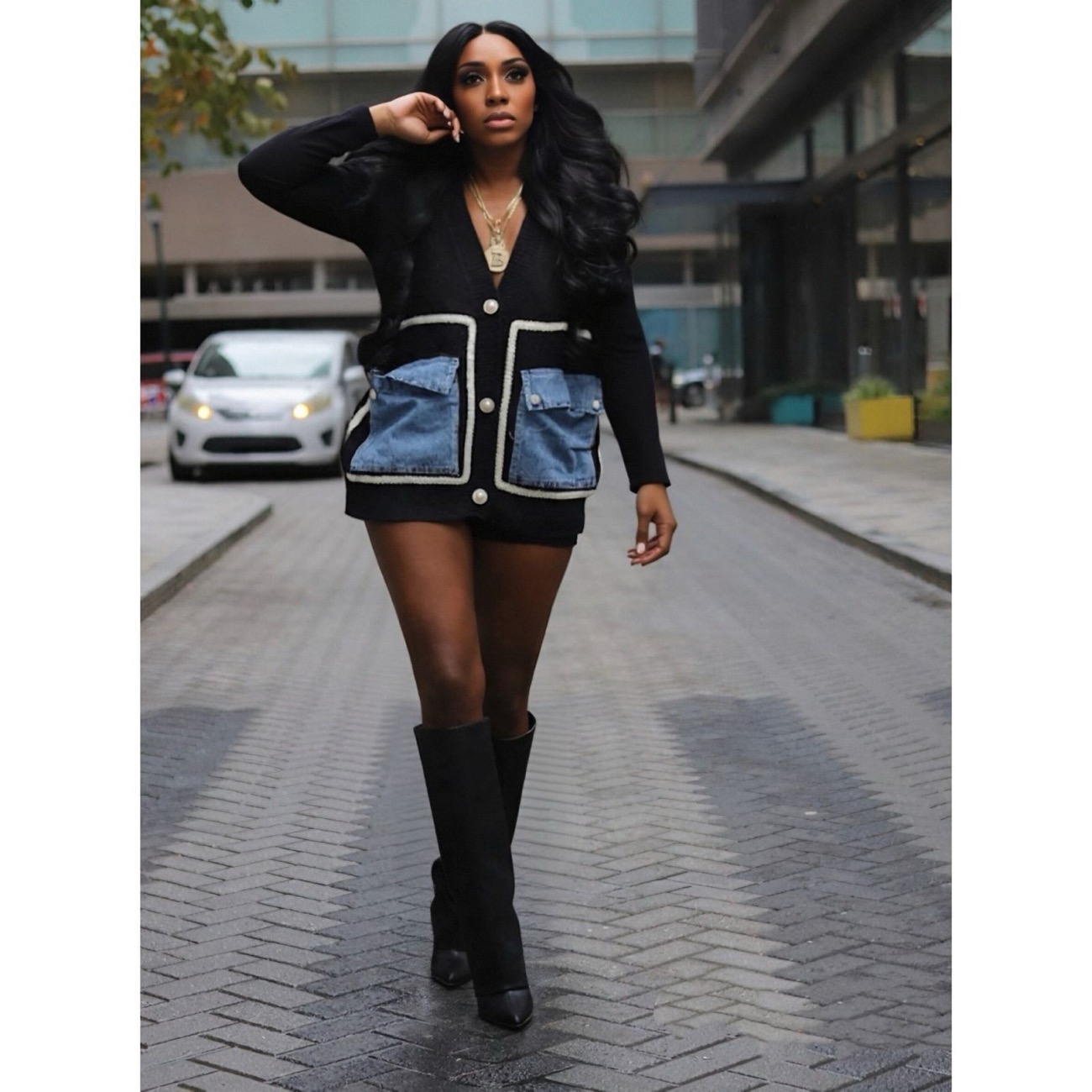 Loose Sweater patchwork with Denim pockets - Image 3