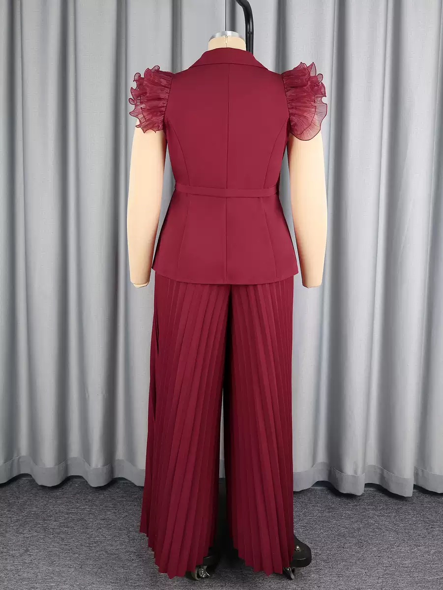 Wine red hibiscus sleeve suit set - Image 3
