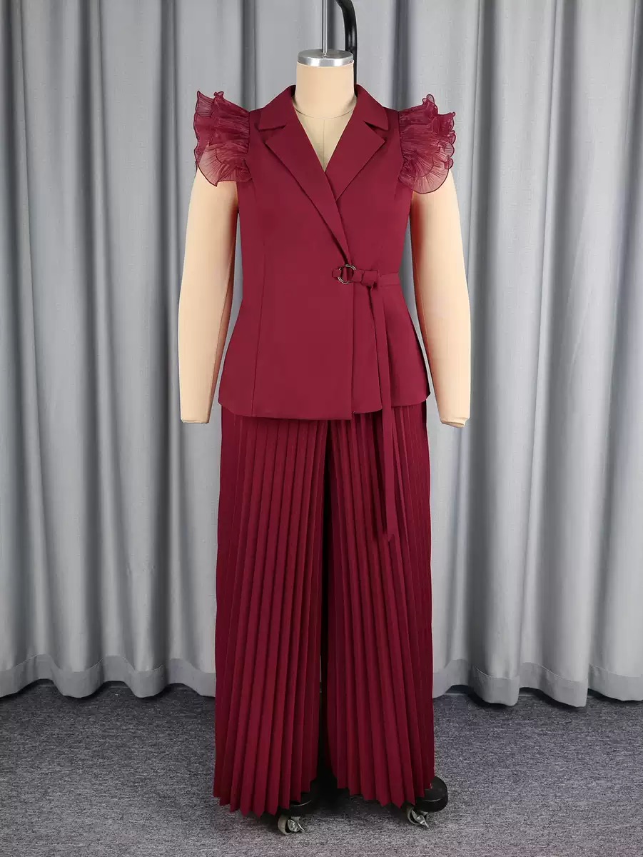Wine red hibiscus sleeve suit set - Image 2