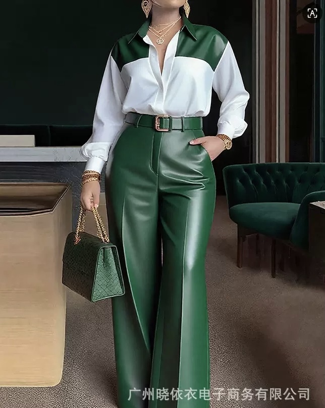 Long sleeve shirt,Belt wide long leather pants