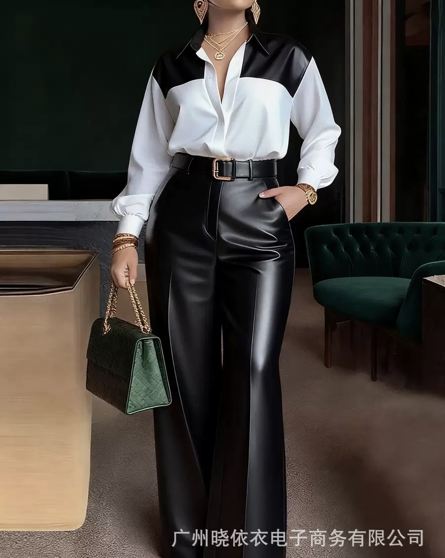 Long sleeve shirt,Belt wide long leather pants - Image 2