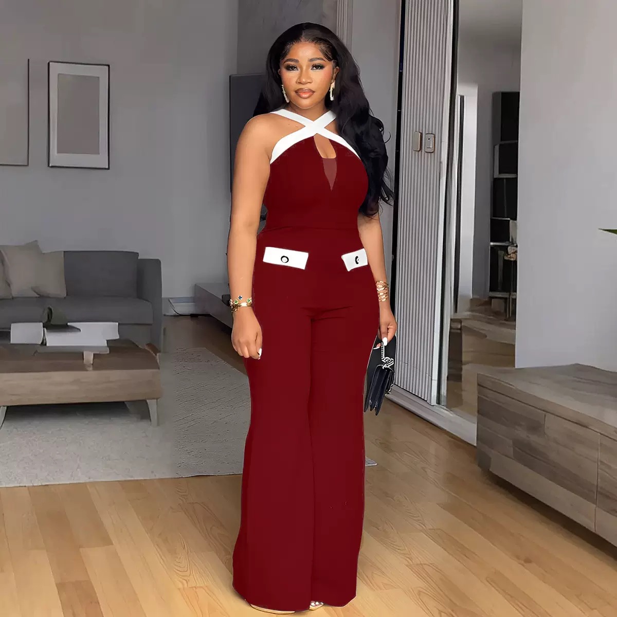 Cross-collar corset-style Elastic wide-leg overall pants - Image 3