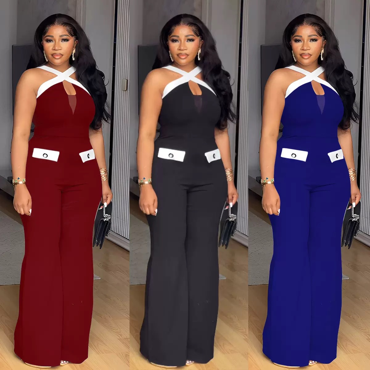 Cross-collar corset-style Elastic wide-leg overall pants