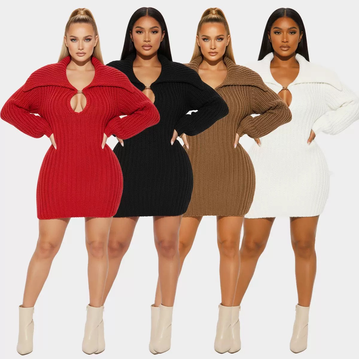 Collar,slim fit elastic lantern sleeve Dress