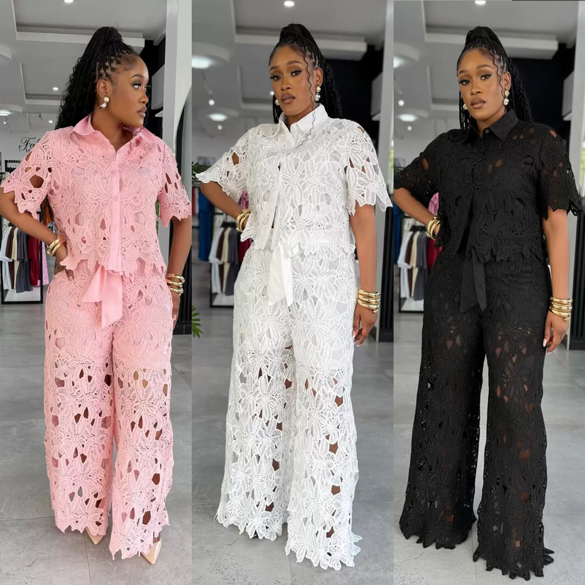 Casual lace-embellished wide-leg Belt set ,two Piece