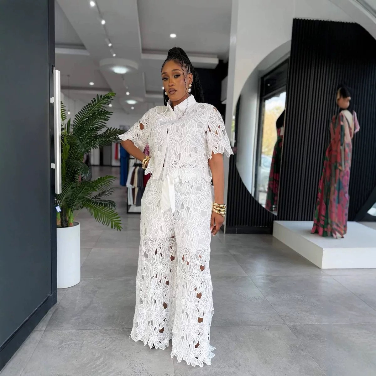 Casual lace-embellished wide-leg Belt set ,two Piece - Image 3