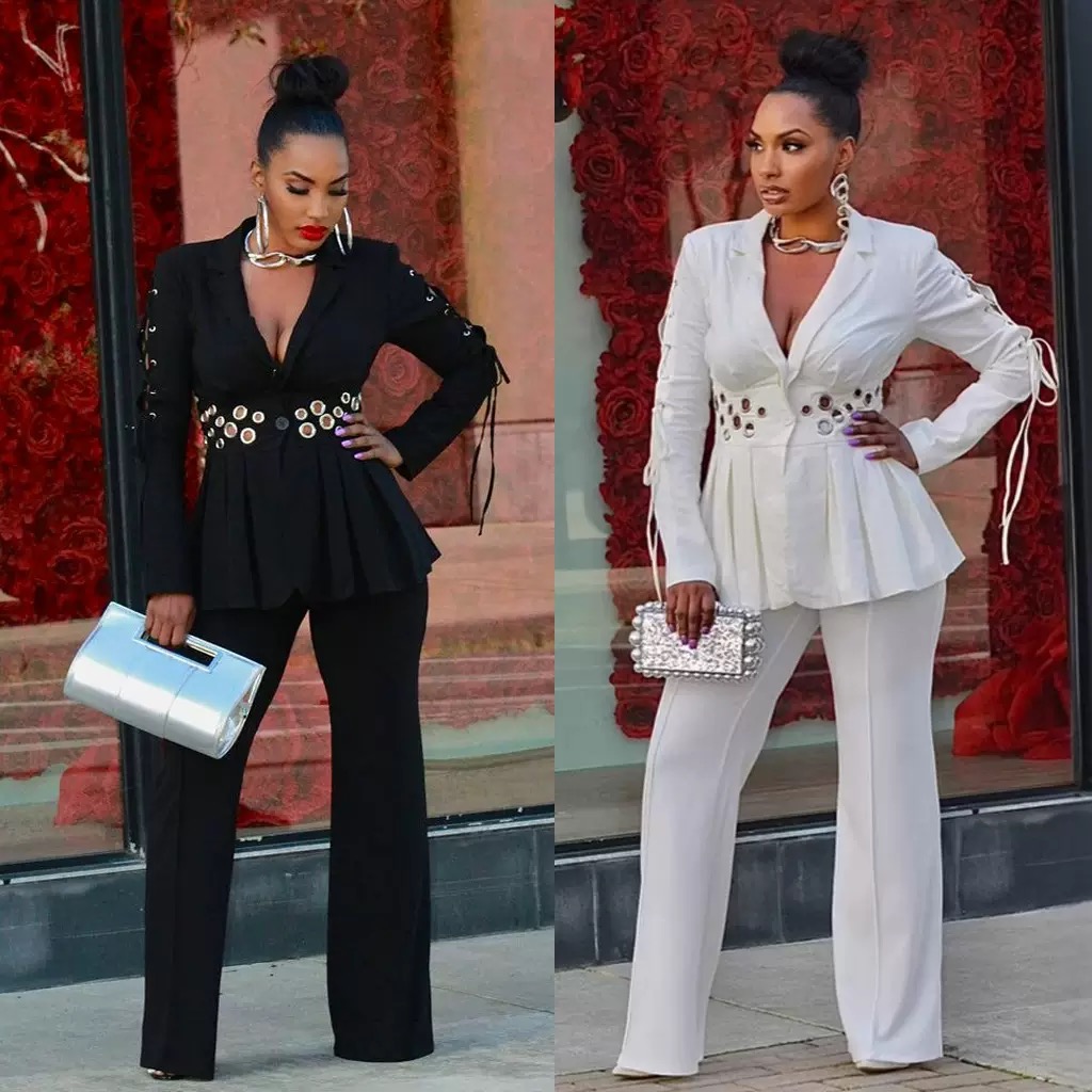 Casual waist -cinching slim fit eyelet decorative strap suit set